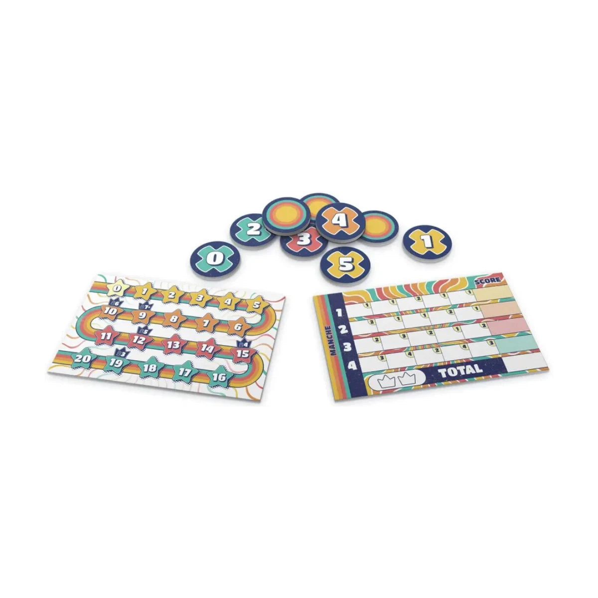 Fifty number party card game components with scoring board, numbered tokens, and player sheets