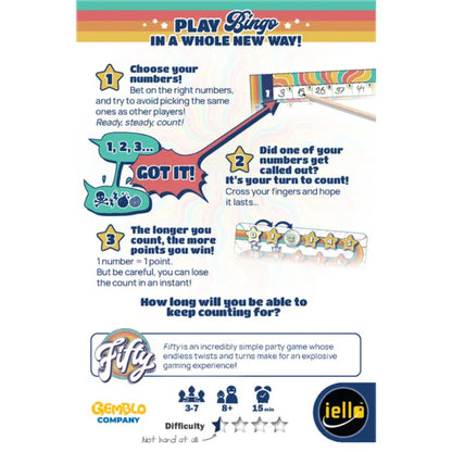 Fifty party card game back of box showing how to choose numbers, count, and score points