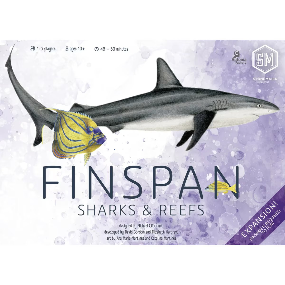 Finspan Sharks & Reefs Expansion board game box front with shark and reef fish artwork