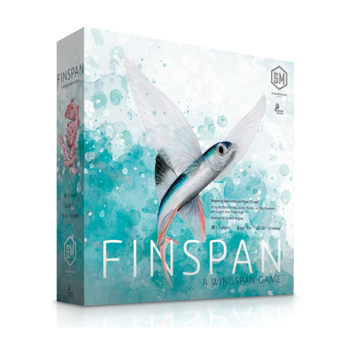Finspan board game box front showing flying fish artwork and Wingspan universe branding