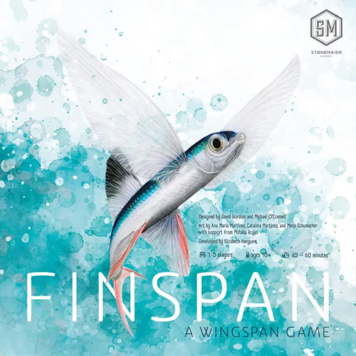 Finspan A Wingspan Game cover art featuring a flying fish over an ocean watercolor background