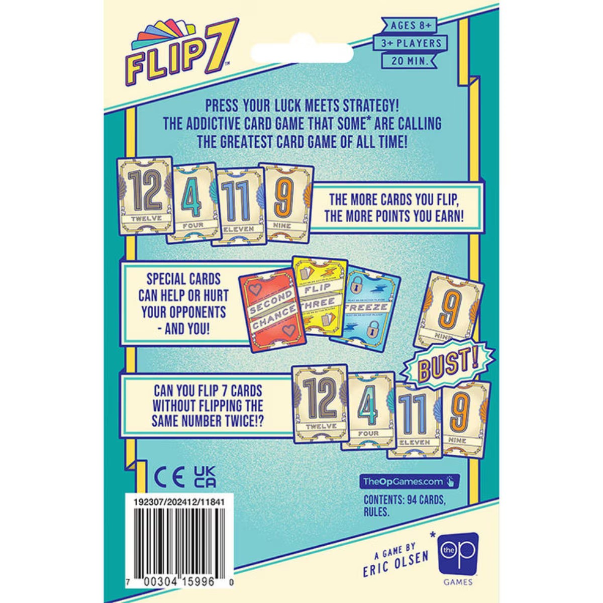 Flip 7 card game box back with gameplay details