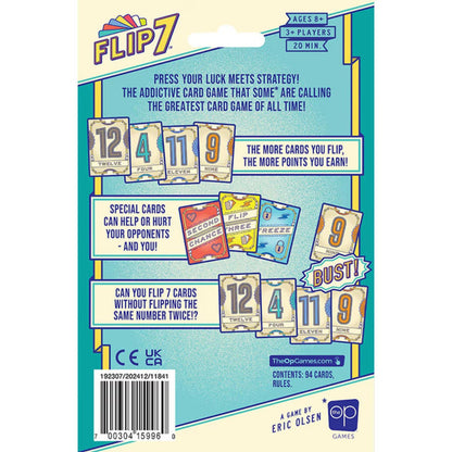 Flip 7 card game box back with gameplay details