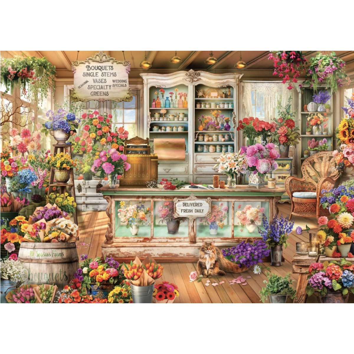 Florist Bouquets 1500pc jigsaw puzzle artwork featuring a colourful flower shop with bouquets, vintage décor and a cat