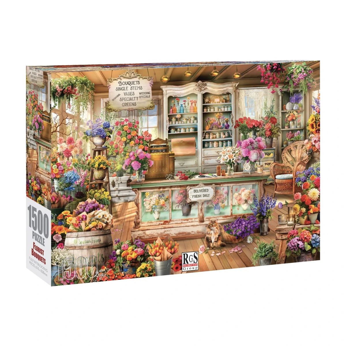 Florist Bouquets Jigsaw Puzzle 1500pc box featuring colourful flower shop artwork with bouquets and vintage décor