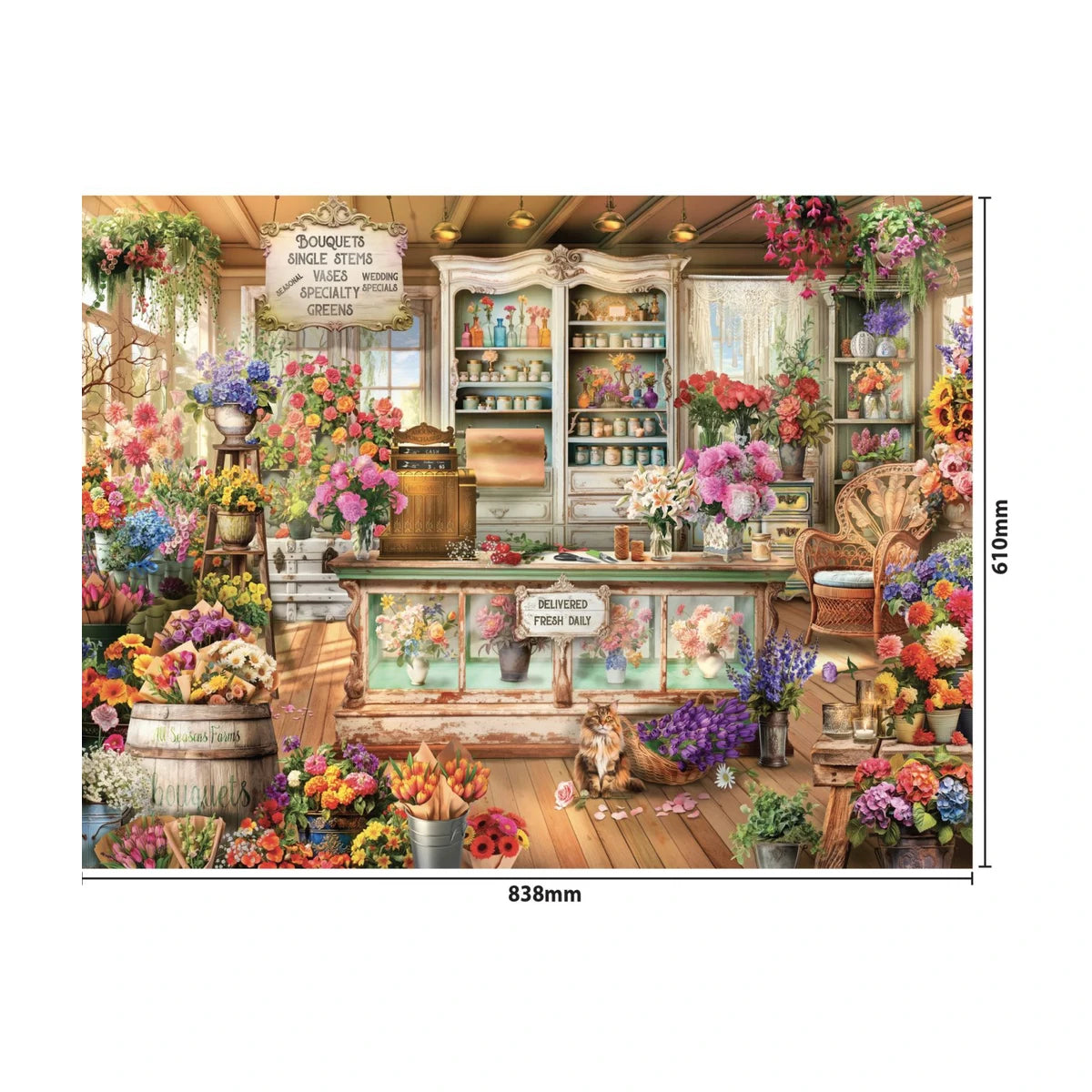 Florist Bouquets 1500pc jigsaw puzzle size guide showing completed puzzle size 838 x 610mm