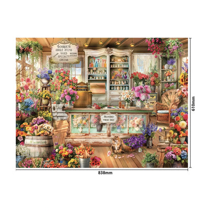 Florist Bouquets 1500pc jigsaw puzzle size guide showing completed puzzle size 838 x 610mm