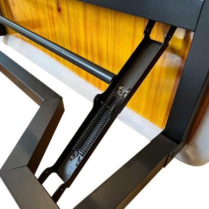 Close-up of foldaway bridge table click-lock hinge and spring mechanism