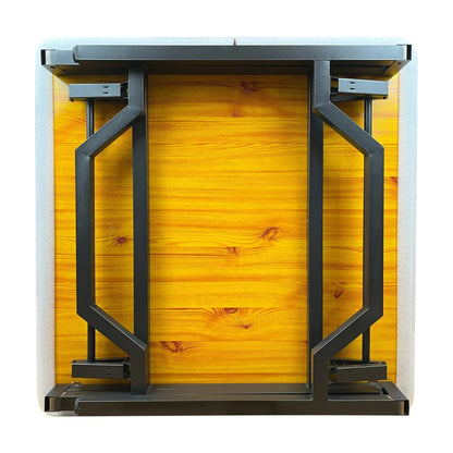 Underside of foldaway bridge table showing folded legs and compact storage frame