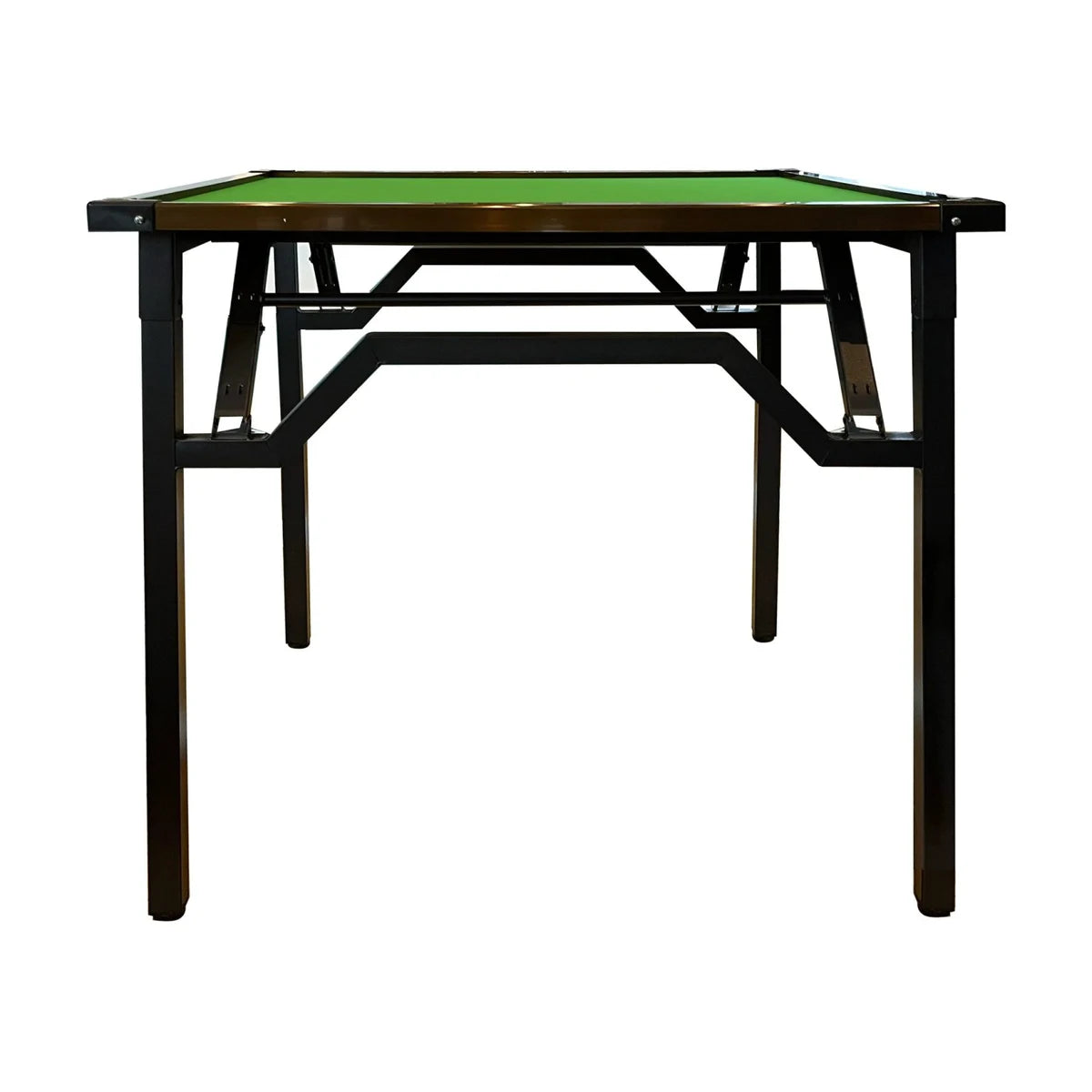 Side view of foldaway bridge table showing green felt surface and folding legs