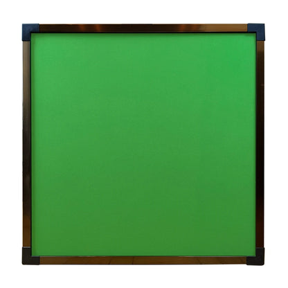 Top view of foldaway bridge table showing square green felt playing surface