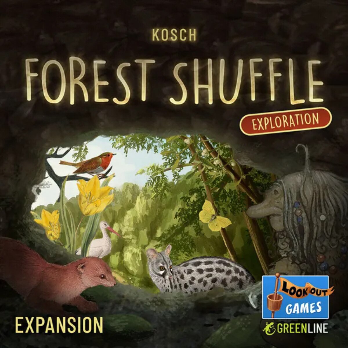 Forest Shuffle Exploration Expansion cover artwork featuring woodland animals, birds, plants and butterflies