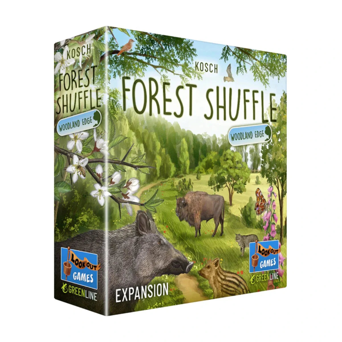 Forest Shuffle Woodland Edge Expansion box front featuring woodland animals, plants and butterflies