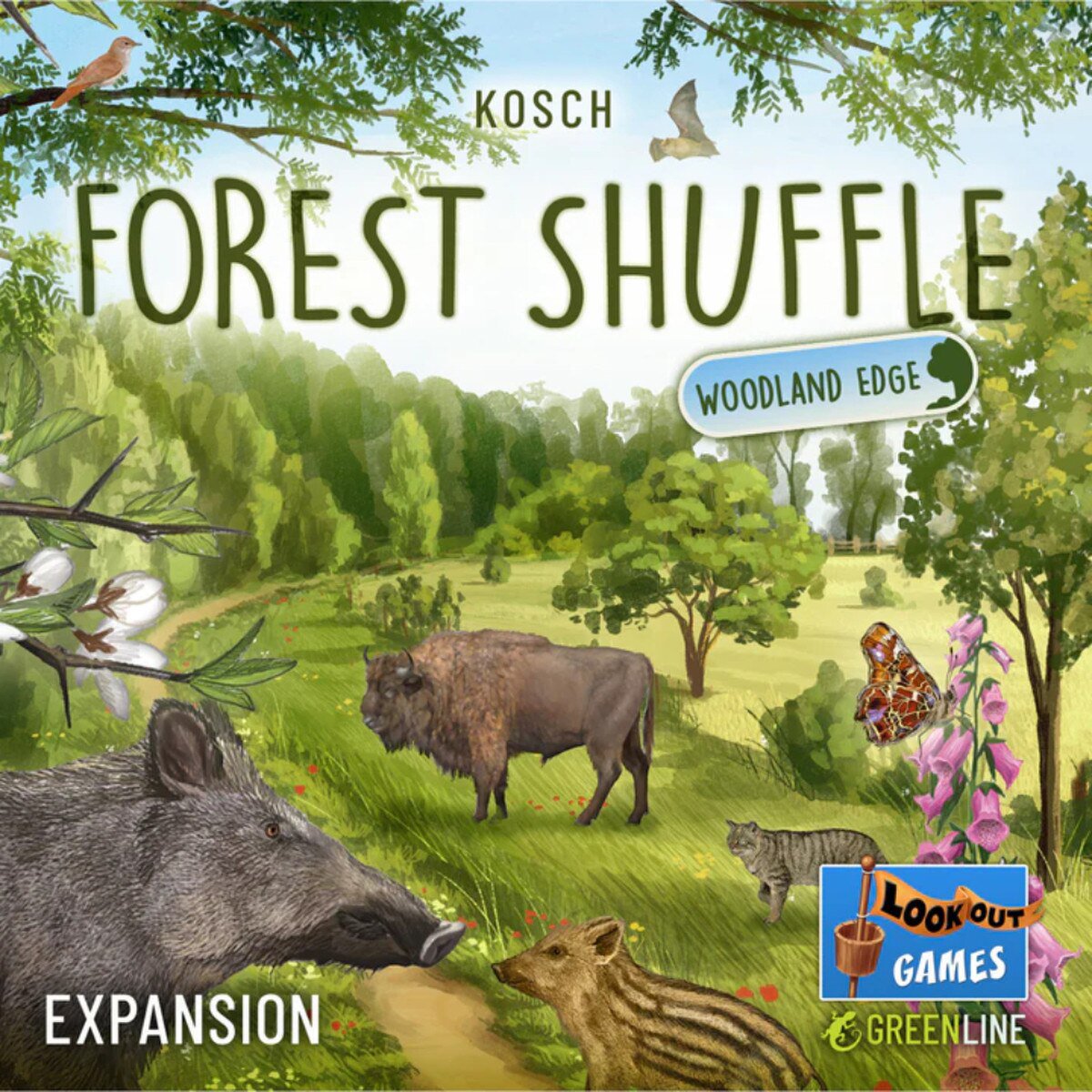 Forest Shuffle Woodland Edge Expansion artwork featuring bison, wild boar, birds, butterflies and woodland plants