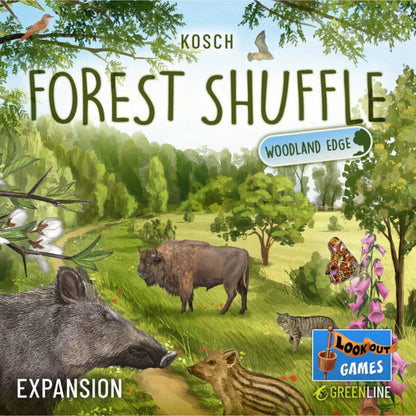 Forest Shuffle Woodland Edge Expansion artwork featuring bison, wild boar, birds, butterflies and woodland plants
