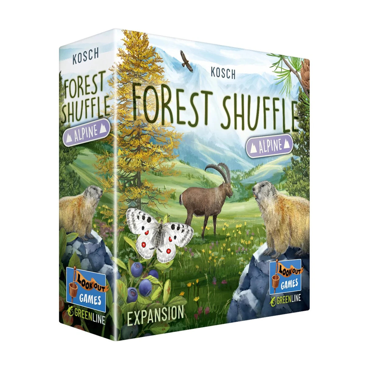 Angled view of Forest Shuffle Alpine Expansion box showing alpine wildlife themed artwork