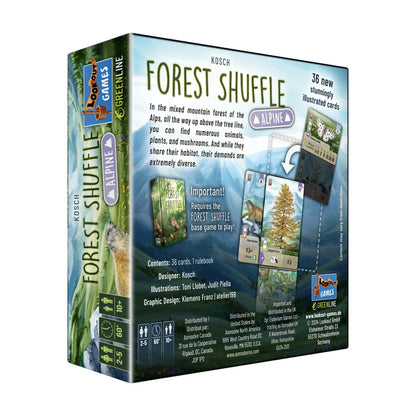 Back of Forest Shuffle Alpine Expansion box showing contents and note that base game is required