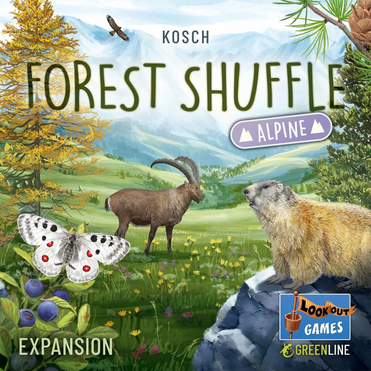 Forest Shuffle Alpine Expansion card game box front with alpine mountain animals and plants