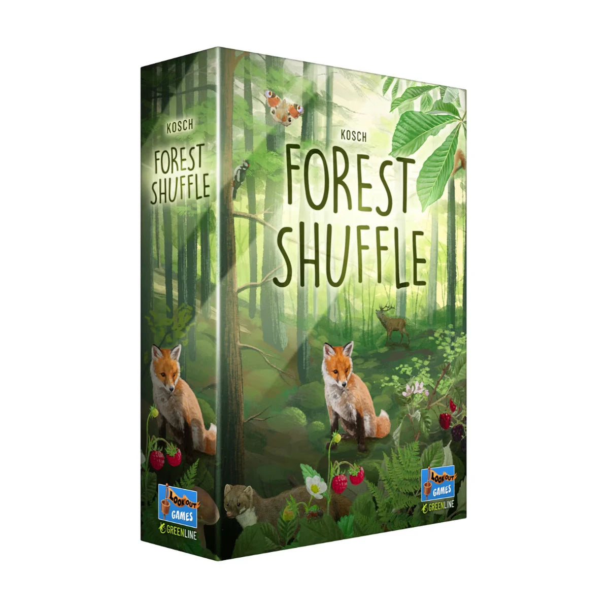 Angled box view of Forest Shuffle nature strategy card game for 2 to 5 players
