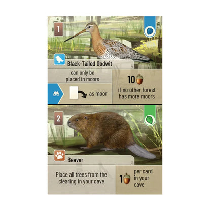 Close-up gameplay cards from Forest Shuffle Dartmoor showing Black-Tailed Godwit and Beaver wildlife abilities in the moorland habitat game