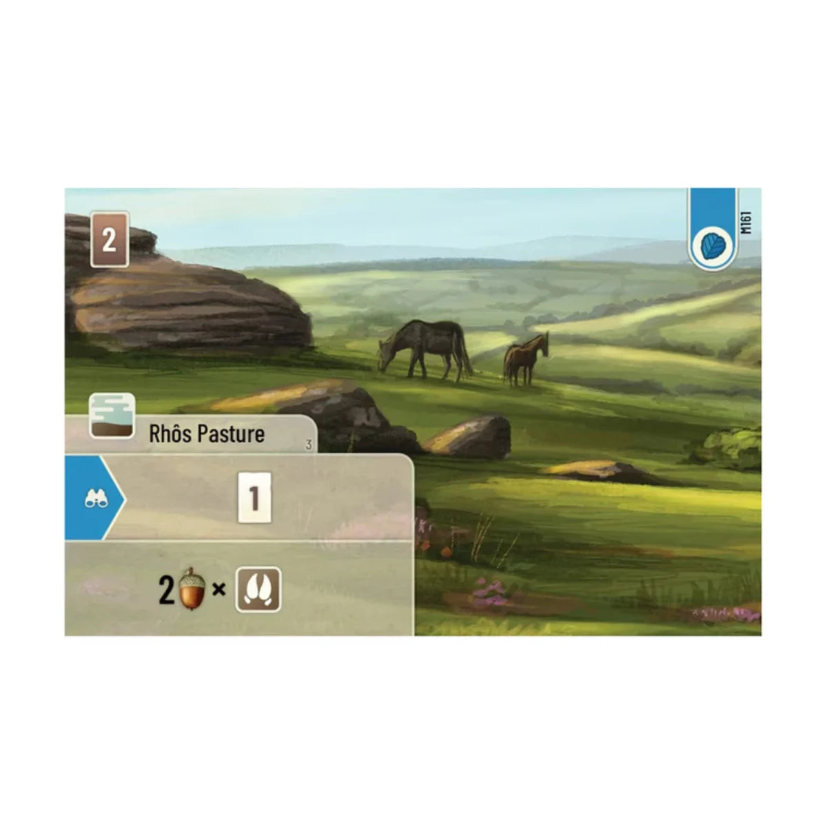 Close-up of the Rhôs Pasture terrain card from Forest Shuffle Dartmoor showing moorland habitat artwork and scoring details