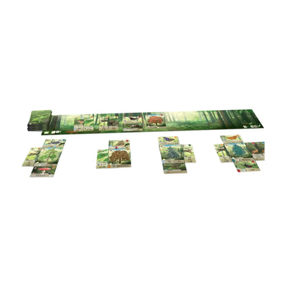 Forest Shuffle card game gameplay setup with forest cards, clearing board, and player woodland habitats