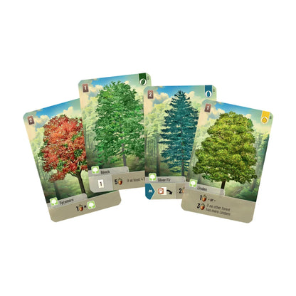 Close-up of Forest Shuffle tree cards showing different tree species used to build a forest habitat