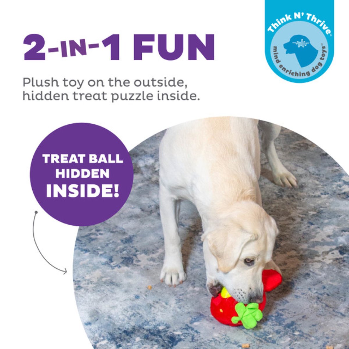 Fruity Findz 2-in-1 plush dog toy with hidden treat ball for enrichment play