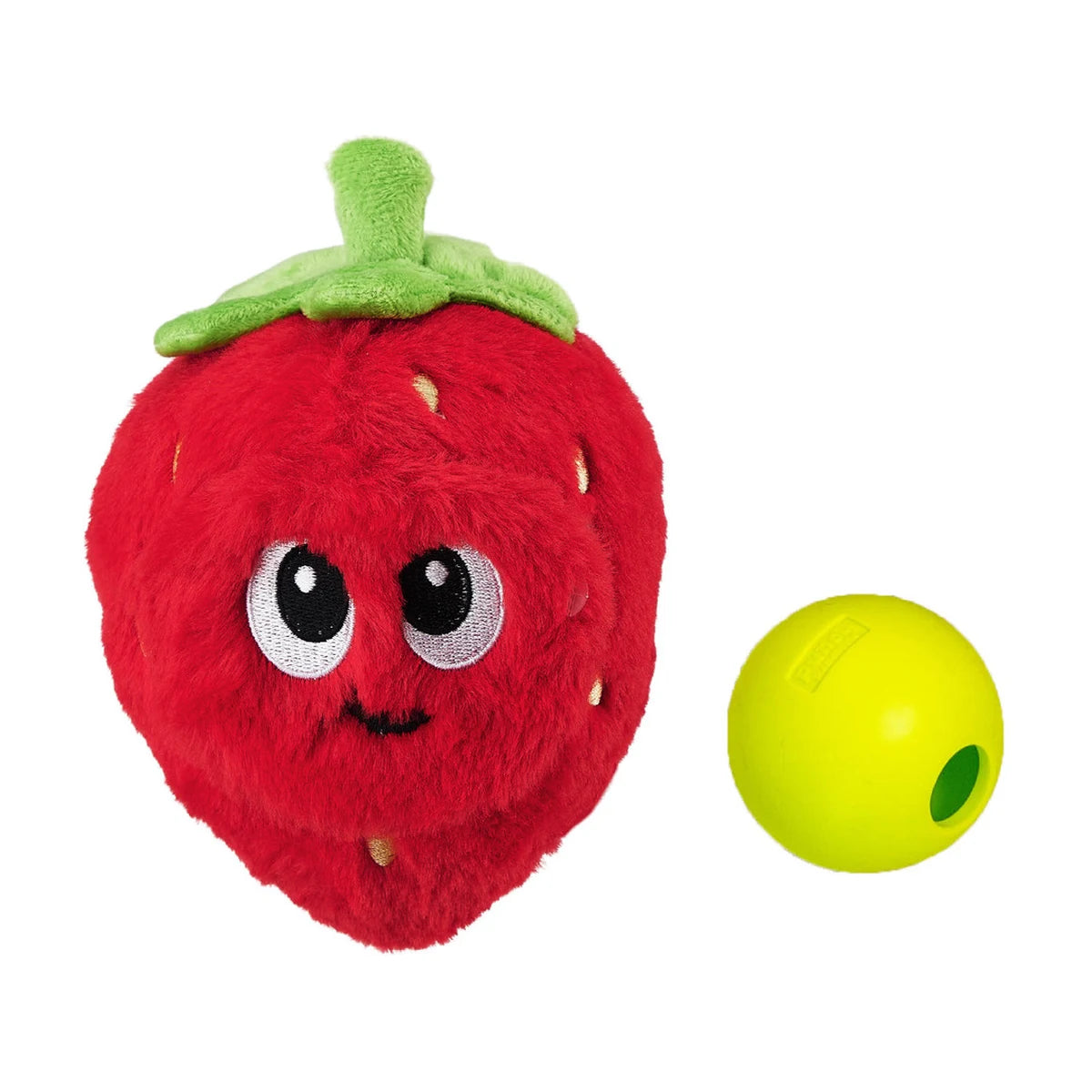 Fruity Findz red strawberry interactive plush dog puzzle with removable treat ball