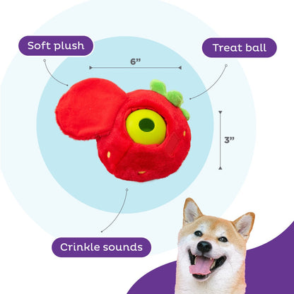 Fruity Findz plush dog puzzle showing soft plush, treat ball and crinkle sound features