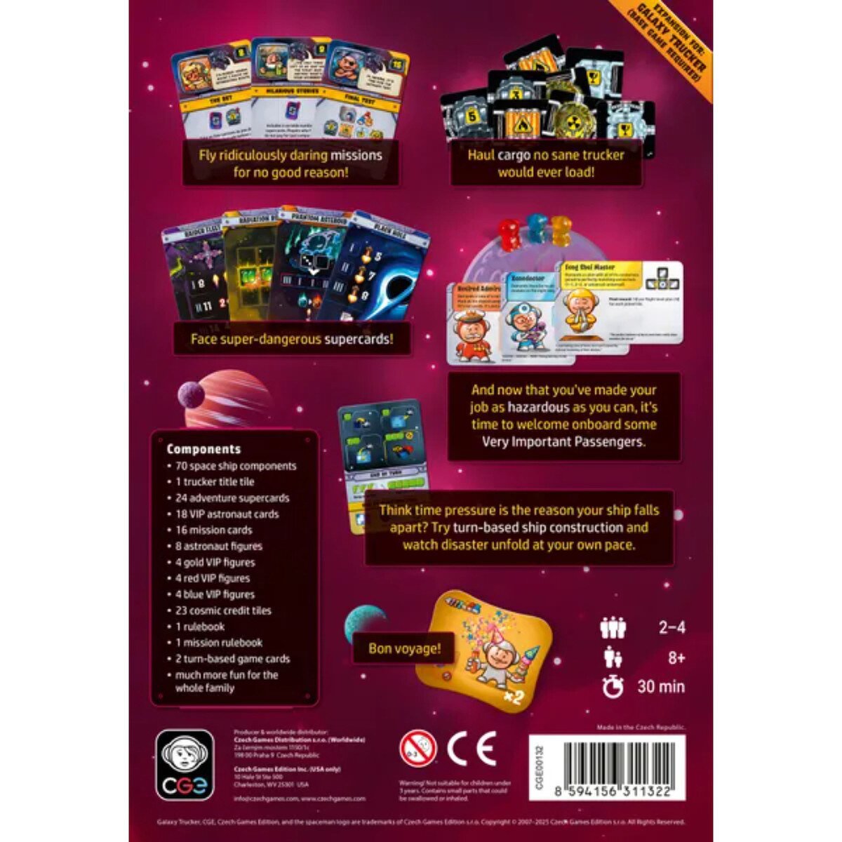 Back of Galaxy Trucker Do What?! Expansion box showing missions, VIP Astronauts, Supercards, components and 2 to 4 player details