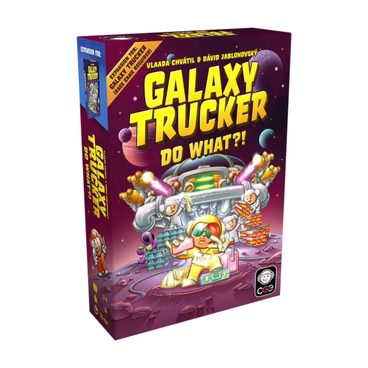 Galaxy Trucker Do What?! Expansion box front showing VIP astronaut artwork and base game required banner