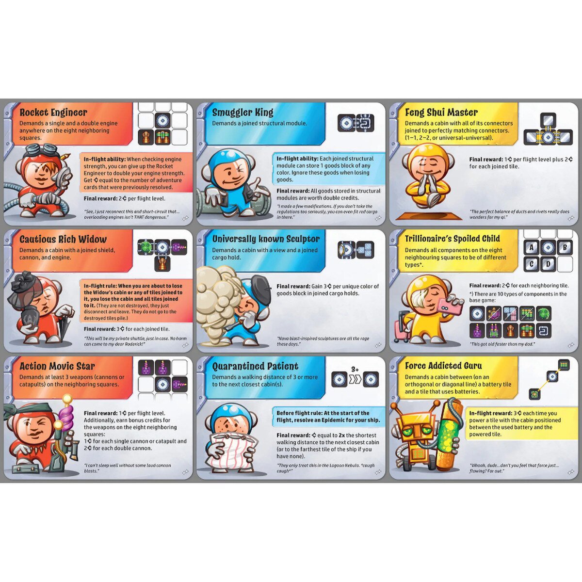 Galaxy Trucker Do What?! Expansion VIP Astronaut cards showing passenger demands and special reward abilities