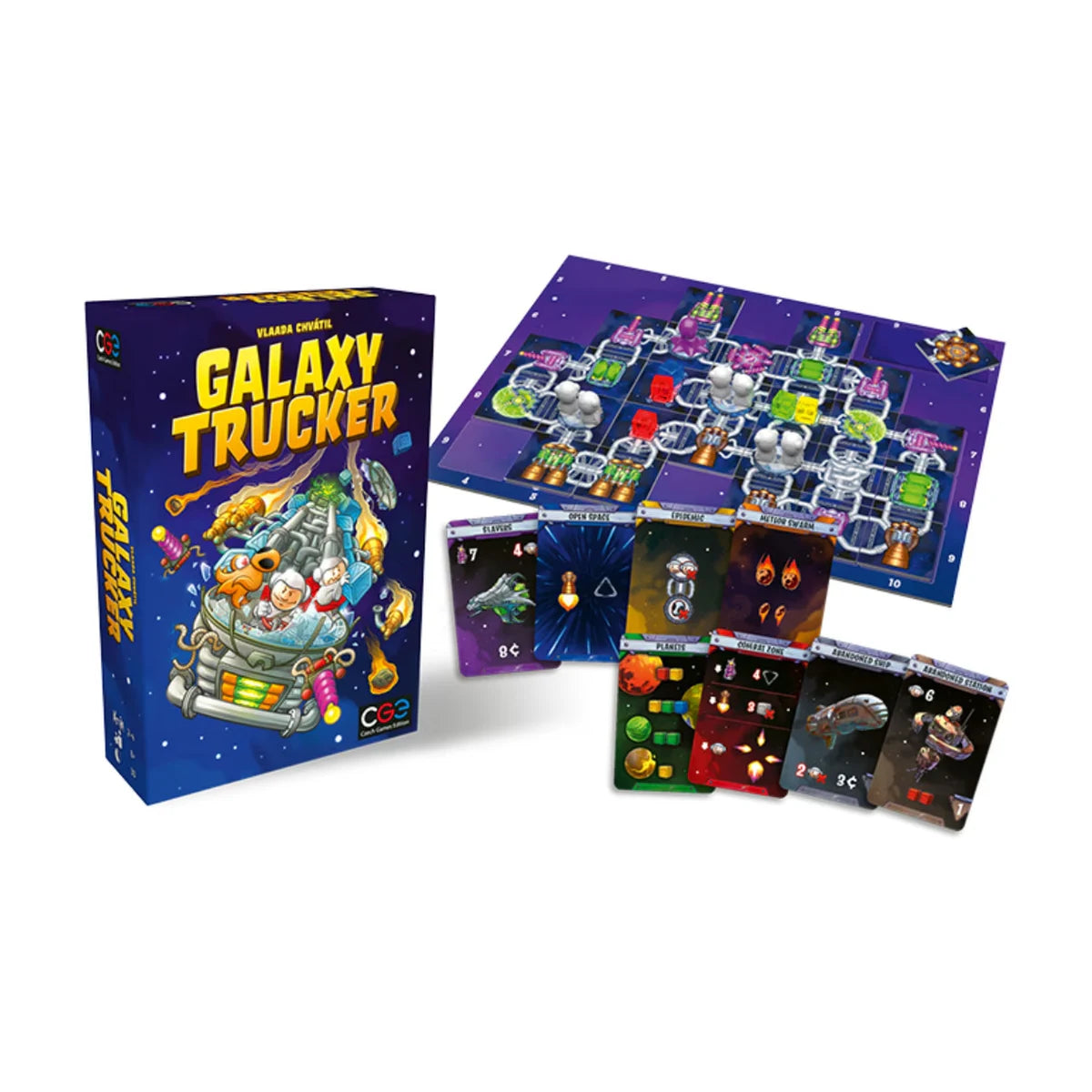 Galaxy Trucker Relaunched Edition board game with box, ship board, cards, tiles and spaceship components