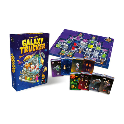 Galaxy Trucker Relaunched Edition board game with box, ship board, cards, tiles and spaceship components