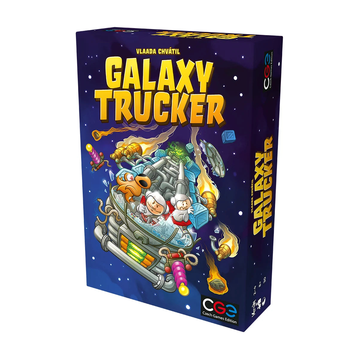Galaxy Trucker Relaunched Edition box front and side view showing spaceship cover artwork and CGE logo