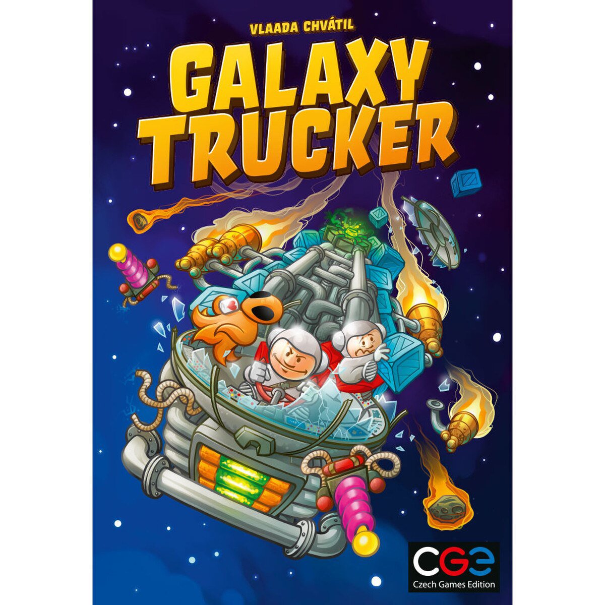 Galaxy Trucker Relaunched Edition front cover artwork showing a cartoon spaceship flying through space
