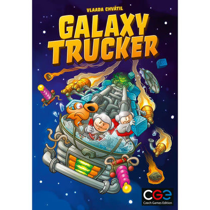 Galaxy Trucker Relaunched Edition front cover artwork showing a cartoon spaceship flying through space