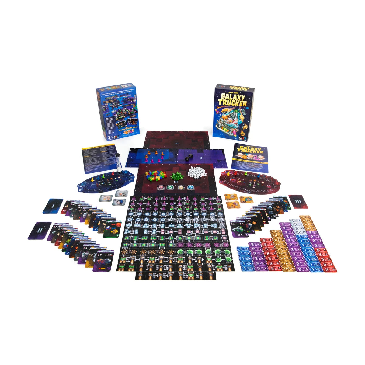 Galaxy Trucker Relaunched Edition gameplay setup with spaceship board, adventure cards and component tiles