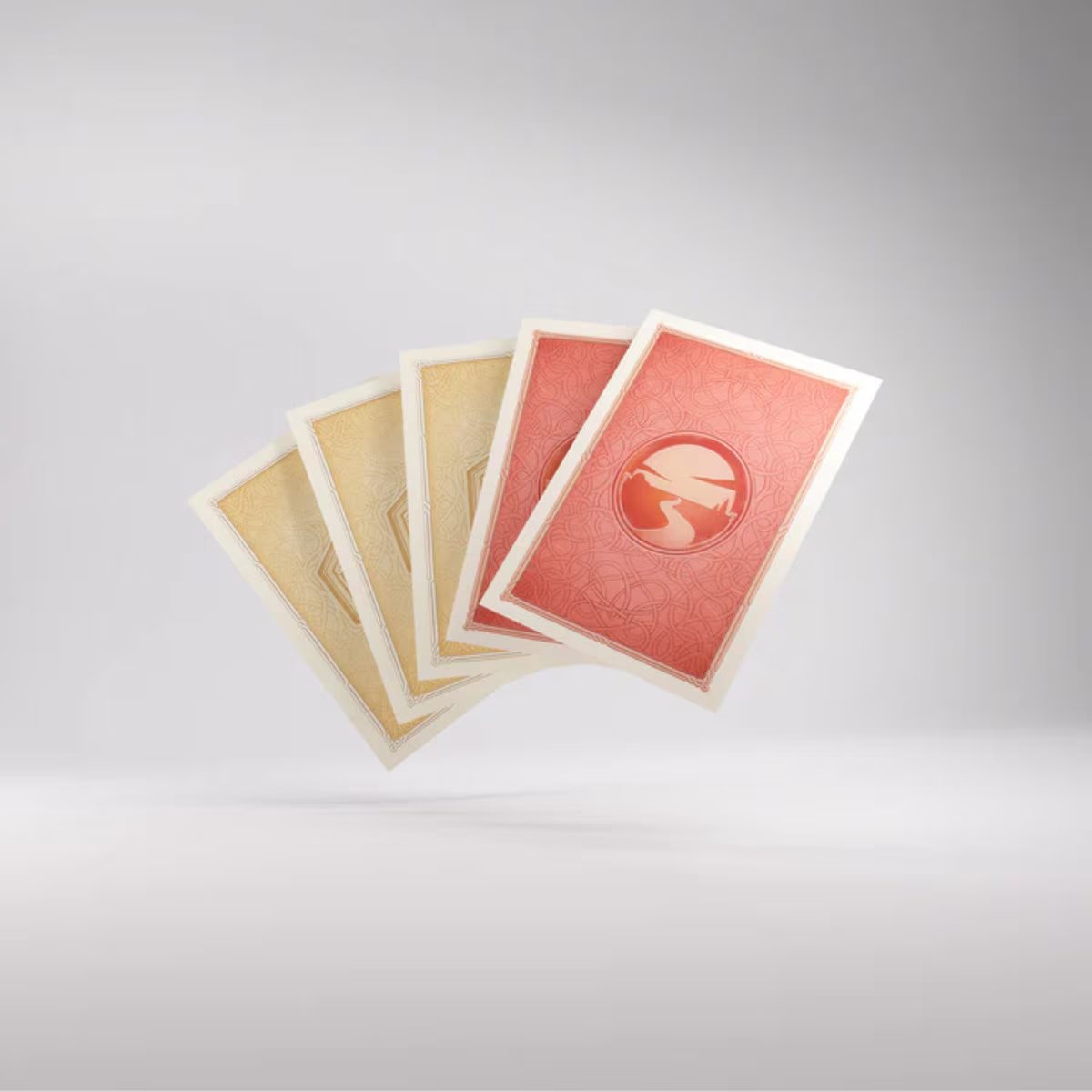 Gamegenic CATAN art sleeves fanned out with official resource and development card designs