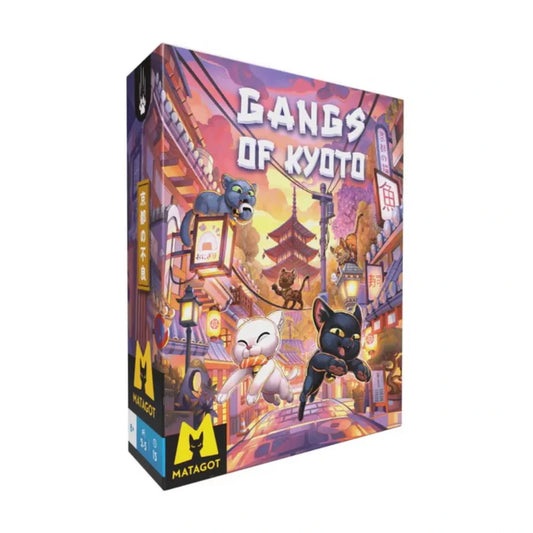 Gangs of Kyoto card game box front with cats exploring a colourful Kyoto street