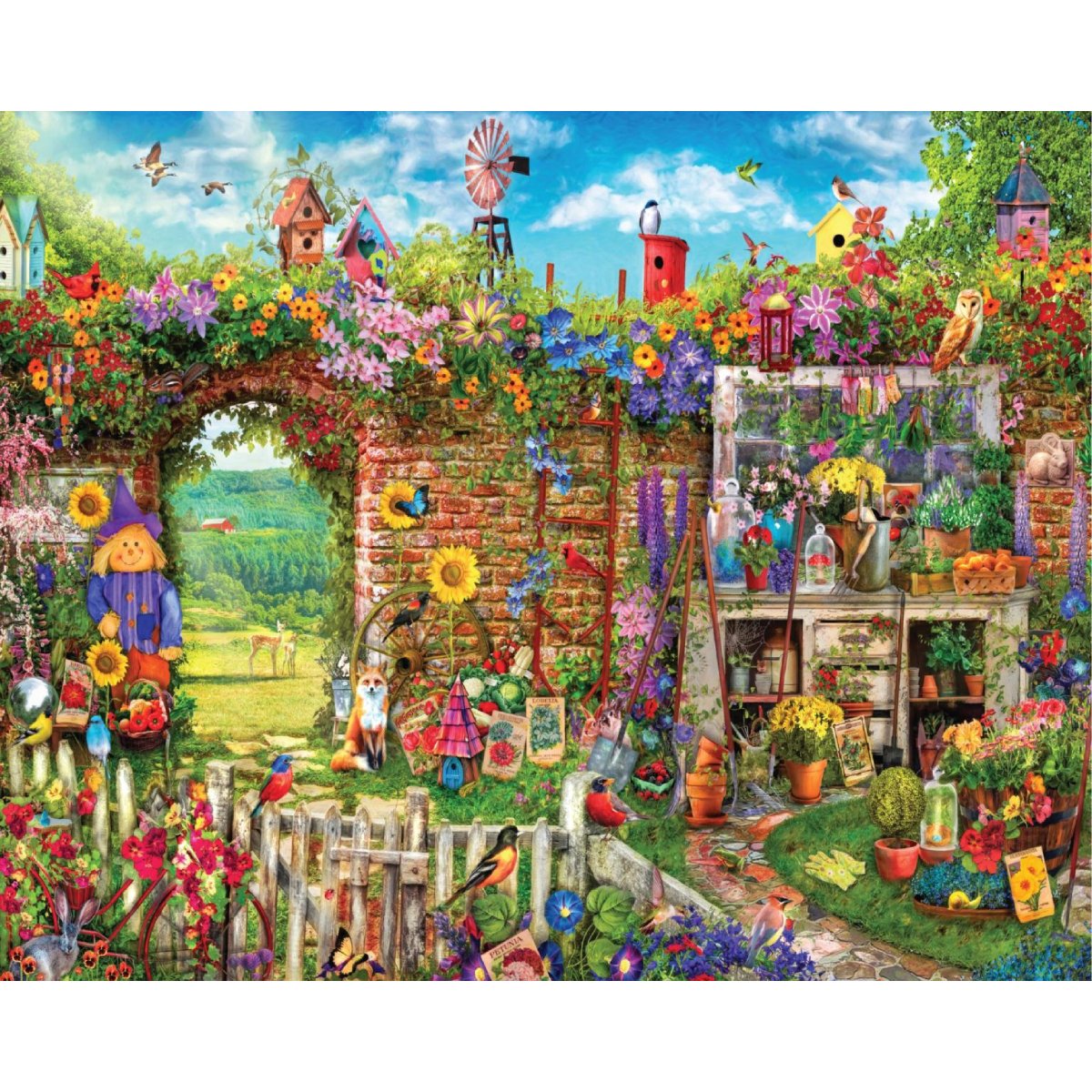 Completed Garden Gate 1500pc jigsaw puzzle artwork showing flowers, birds and a country garden