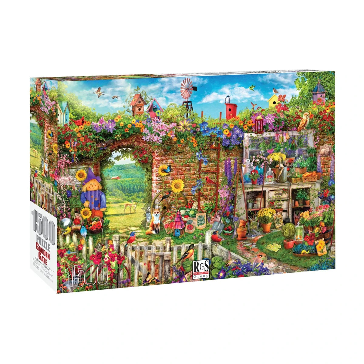 Garden Gate 1500pc jigsaw puzzle box showing colourful garden and cottage artwork