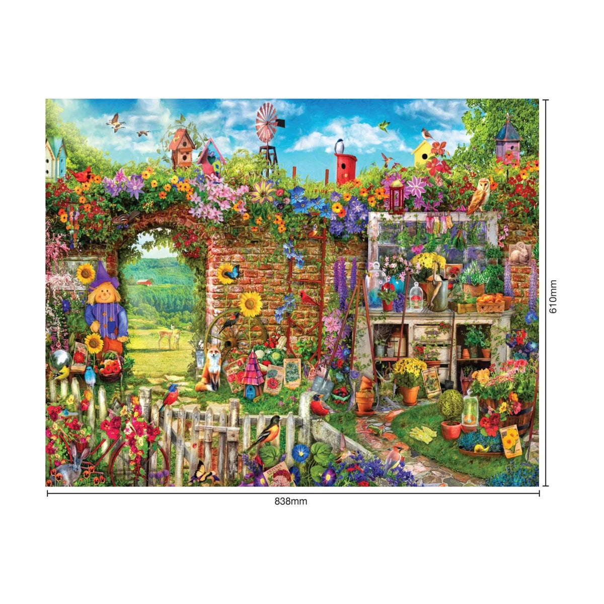 Garden Gate 1500pc jigsaw puzzle size guide showing finished size 838 by 610 mm