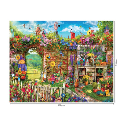 Garden Gate 1500pc jigsaw puzzle size guide showing finished size 838 by 610 mm