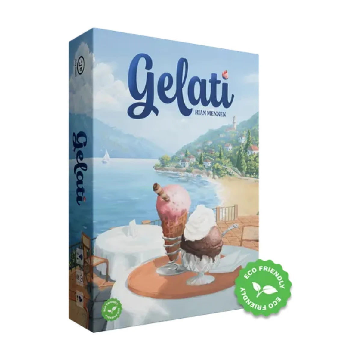 Gelati board game box by Jolly Dutch featuring ice cream desserts beside a sunny seaside beach
