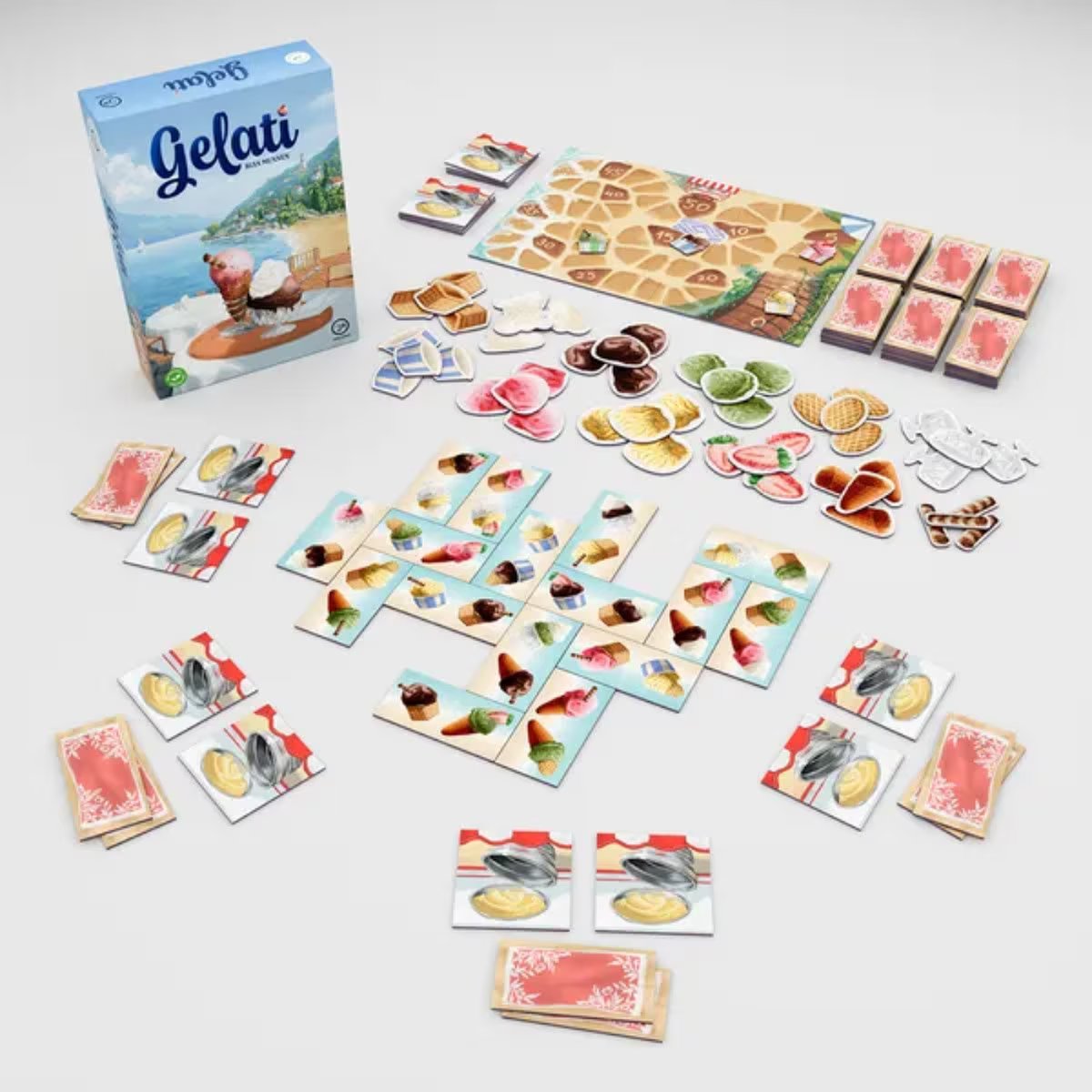 Gelati board game components with ice cream tiles, order cards, scoreboard and colourful ice cream parts