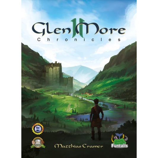 Glen More II Chronicles strategy board game cover showing a Scottish Highland valley with a castle, river and clansman