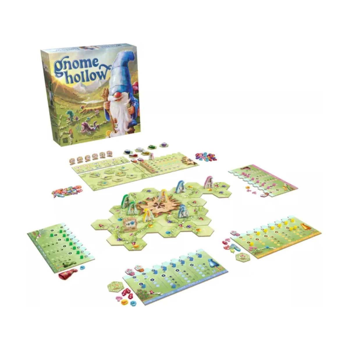 Gnome Hollow board game full setup with garden tiles, player boards, gnome pieces and mushroom tokens