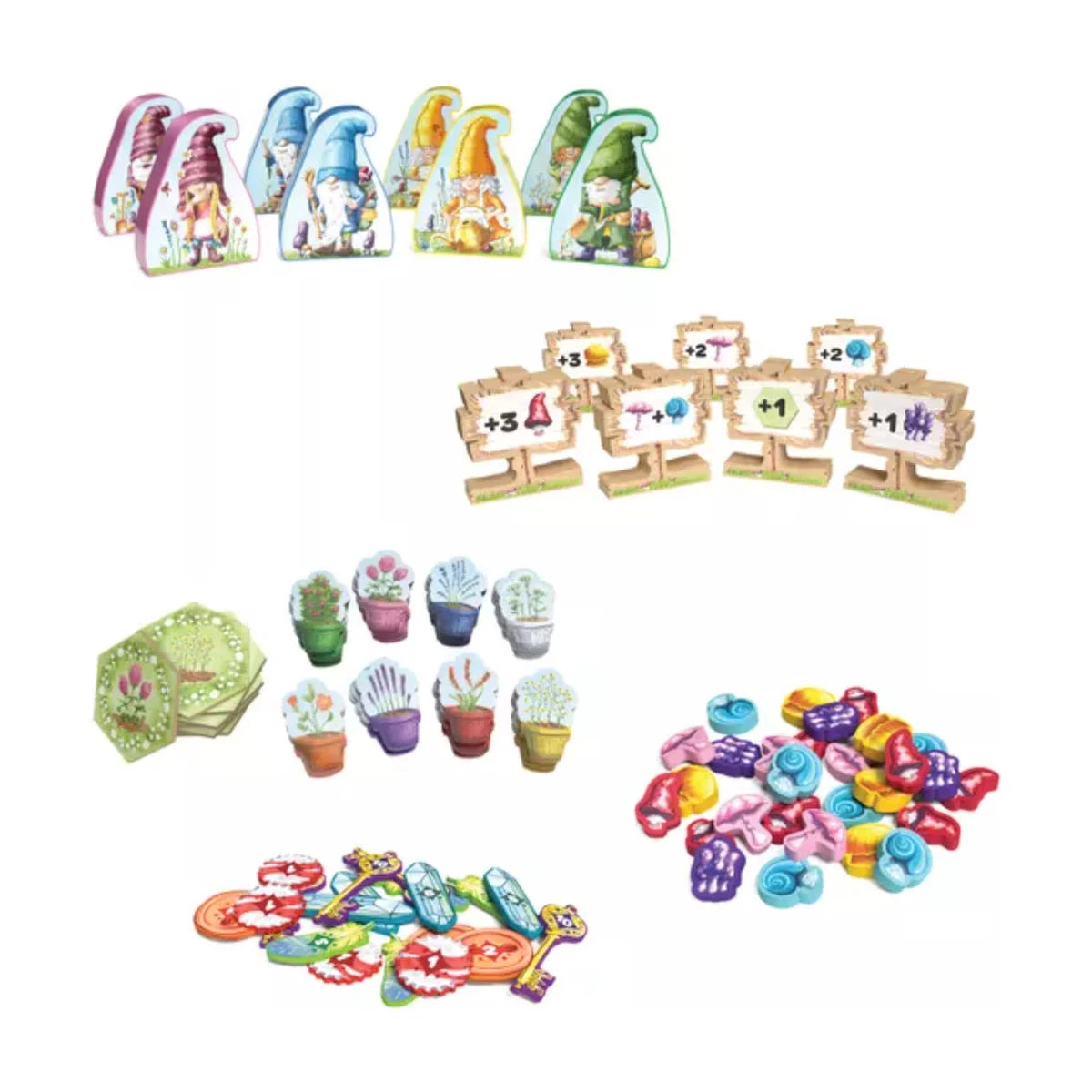 Gnome Hollow board game components showing gnome pieces, mushroom tokens, flower tokens, signposts and treasure pieces